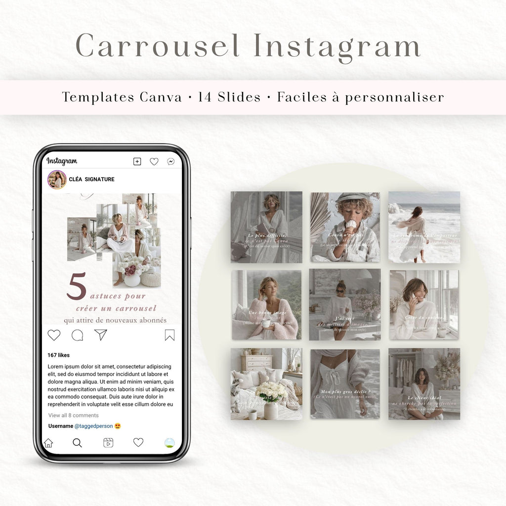 Carrousel Instagram Canva | 14 Templates Élégants | Modèle Instagram 4:5 | Canva en Français | Carrousel Personnalisable