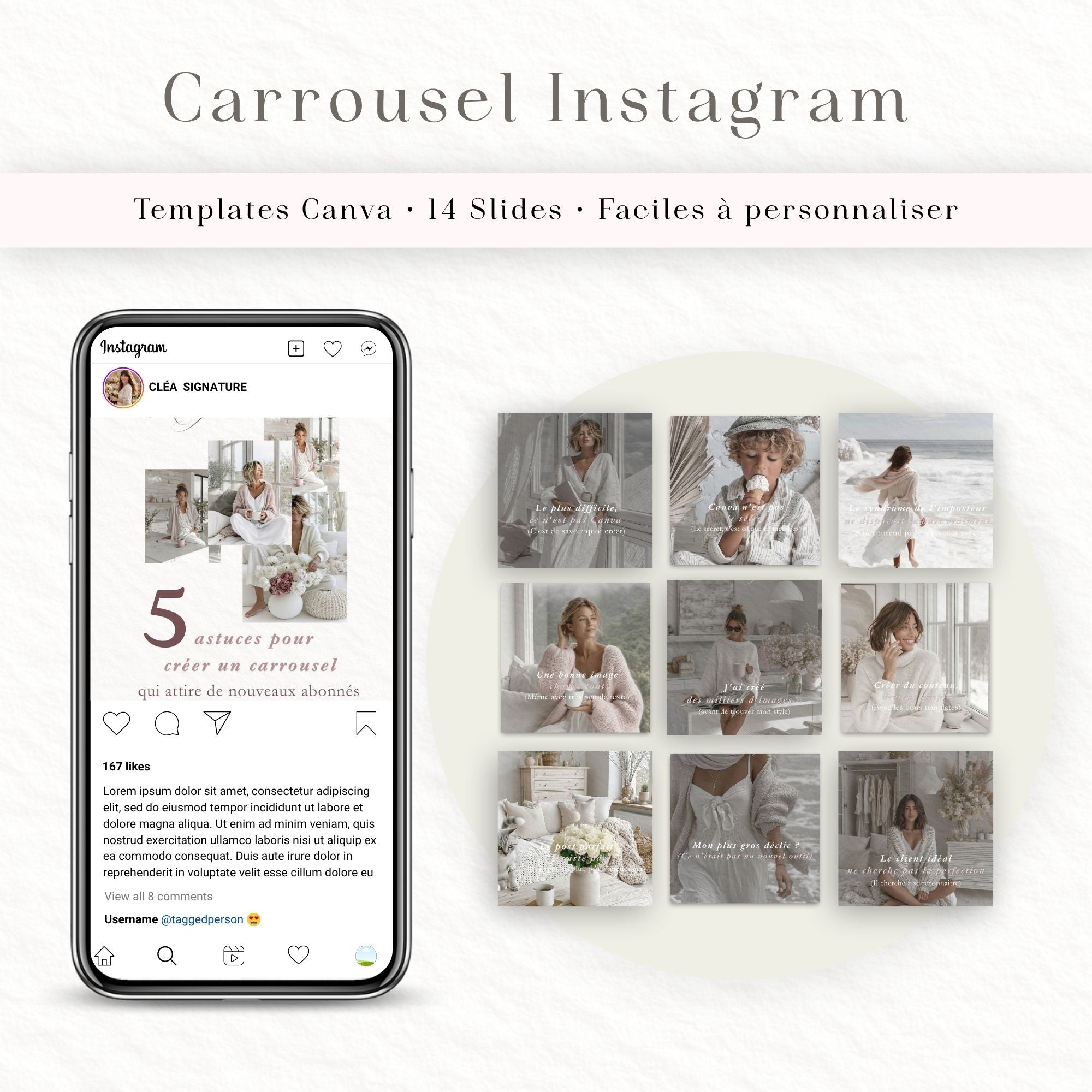 Carrousel Instagram Canva | 14 Templates Élégants | Modèle Instagram 4:5 | Canva en Français | Carrousel Personnalisable