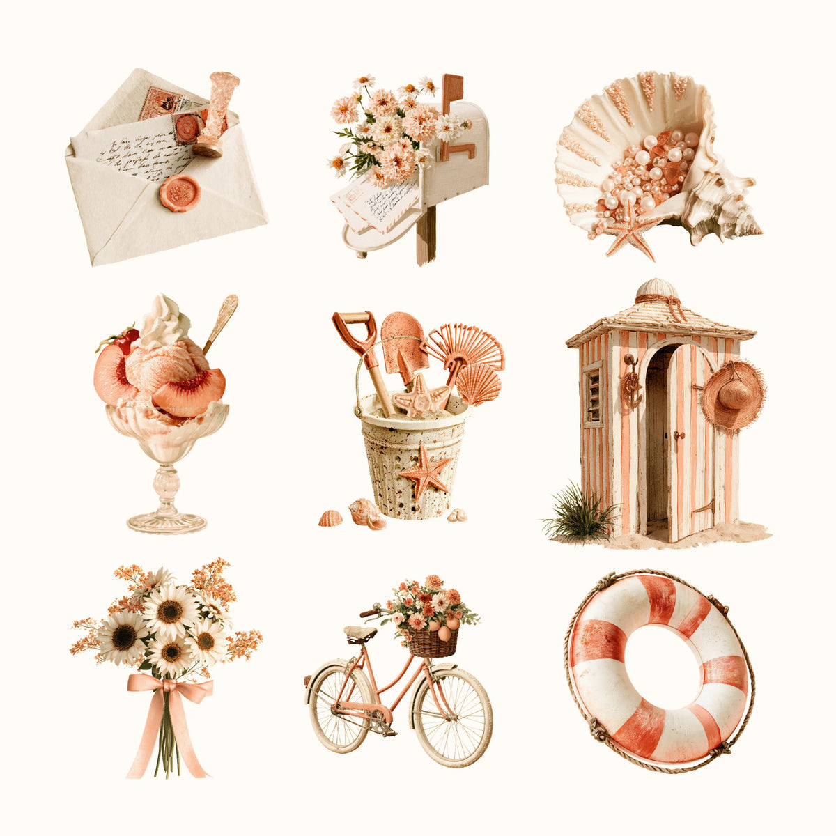 Cliparts aquarelles « Douceur d'été » | 30 illustrations PNG | Fond transparent | 300 DPI | Bonus : 3 animations MP4